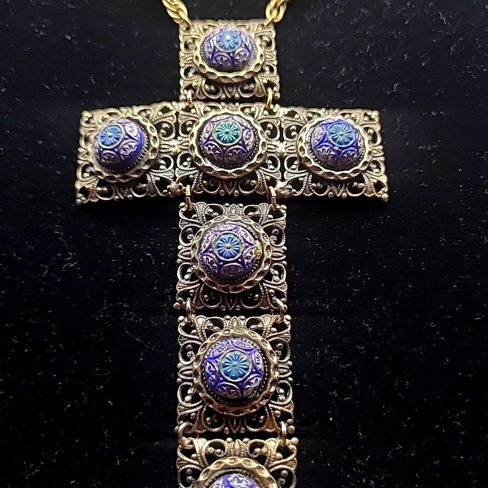 Vintage Hobe Necklace Gold Tone Filigree Enamel Articulated Large Cross RARE